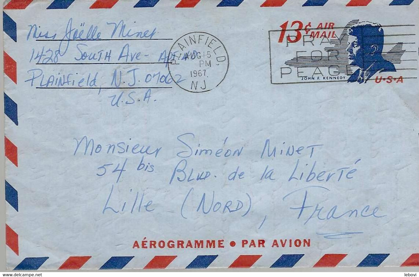 Etats-Unis – Aérogramme 13 Cent – Effigie John. F. Kennedy – A Circulé De PLAINFIELD à LILLE (1967) - 1961-80