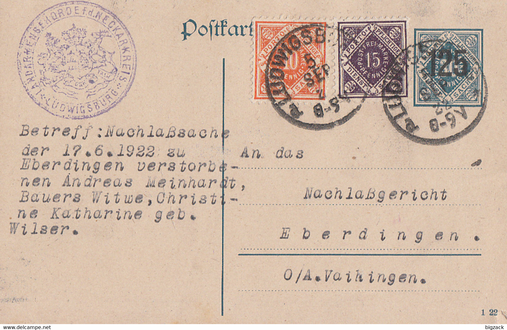 DR Ganzsache Minr.DP13/03 Zfr. Württ. 150, 151 Ludwigsburg 5.9.22 Gel. Nach Eberdingen - Cartas & Documentos