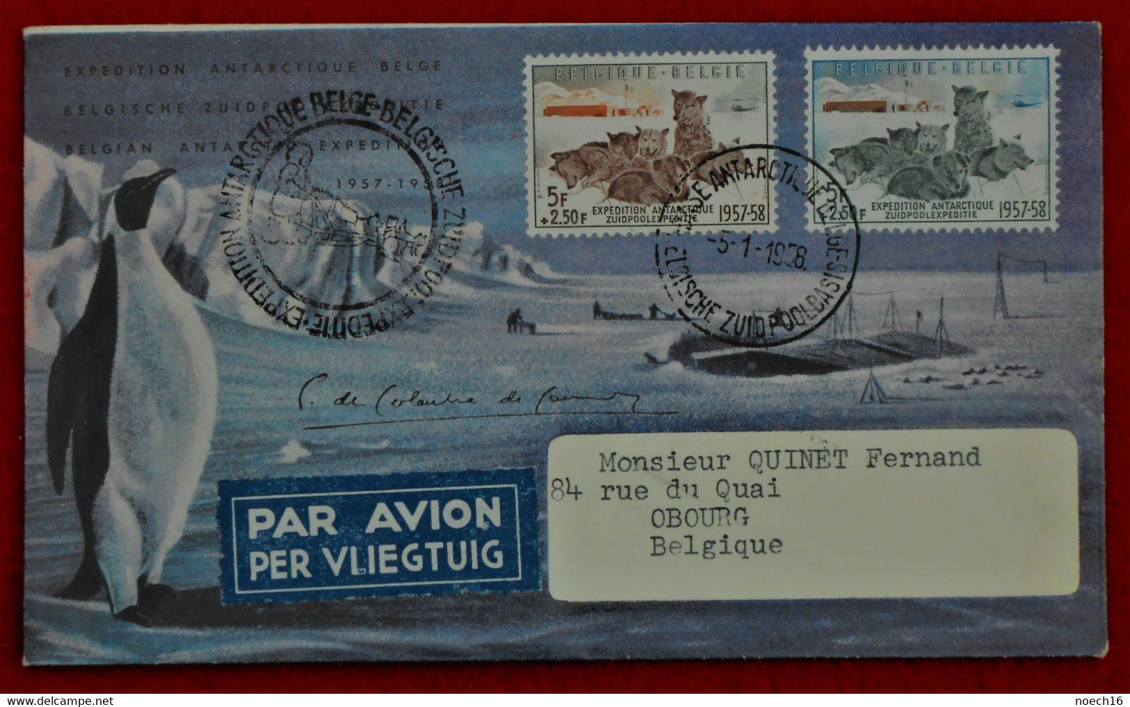 Enveloppe Illustrée/  1ère Expédition Antarctique Belge 1957-58 / COB 1030 & 1031 De Base Antarctique Vers Obourg - Lettres & Documents