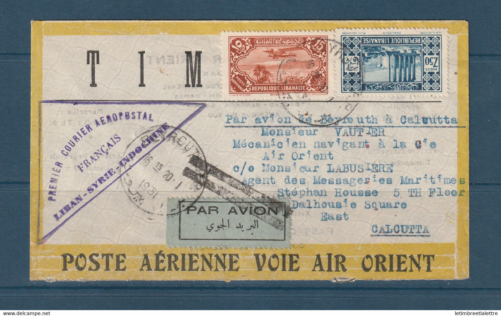 ⭐ Liban - Air Orient - Premier Vol - Premier Courrier Aéropostal Liban Syrie Indochine Pour L'Inde - 1931 ⭐ - Poste Aérienne