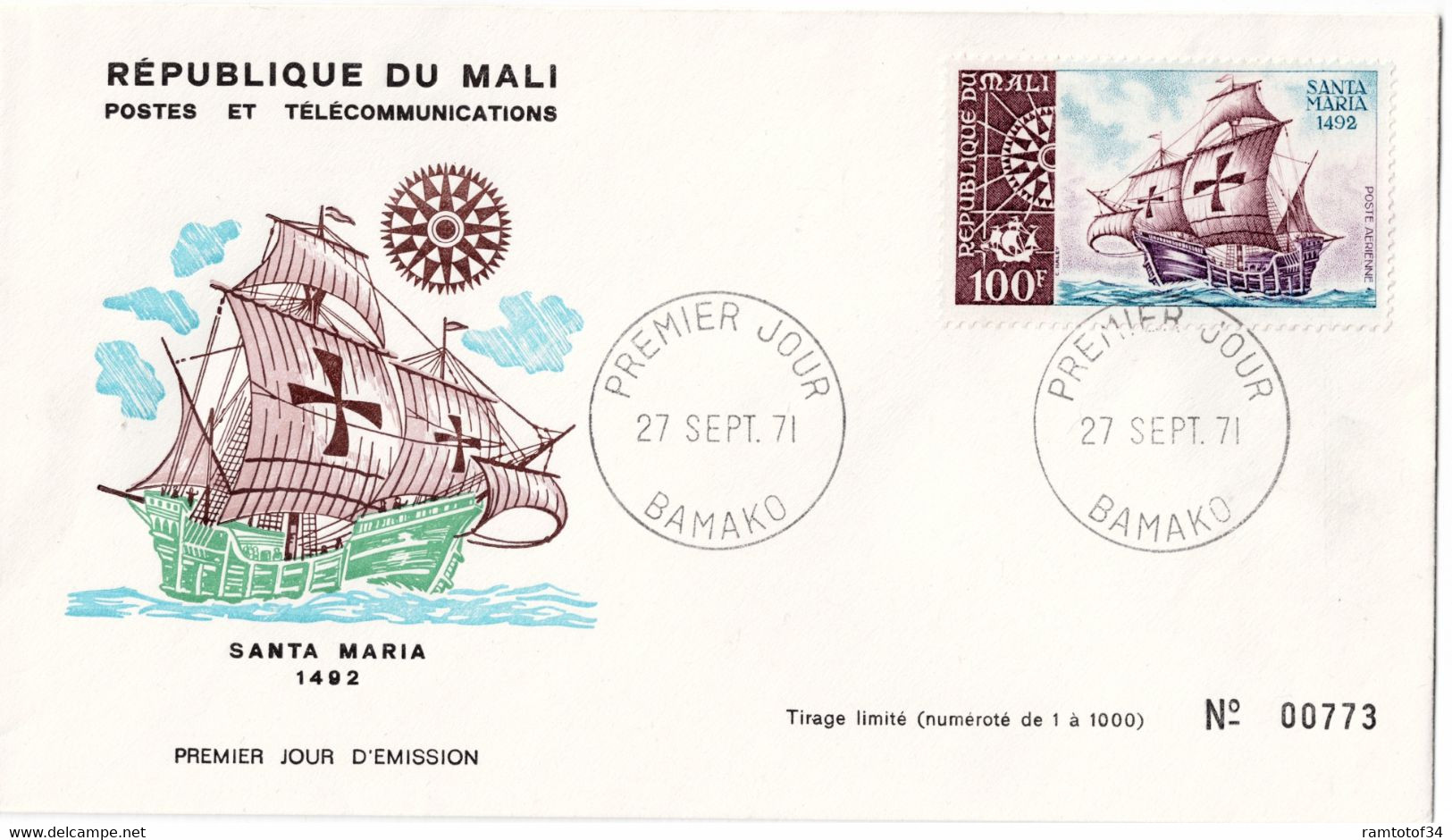 167 - MALI - Enveloppe 1er Jour - 27 Septembre 1971 - Les Bateaux - Le Santa Maria - Mali (1959-...)