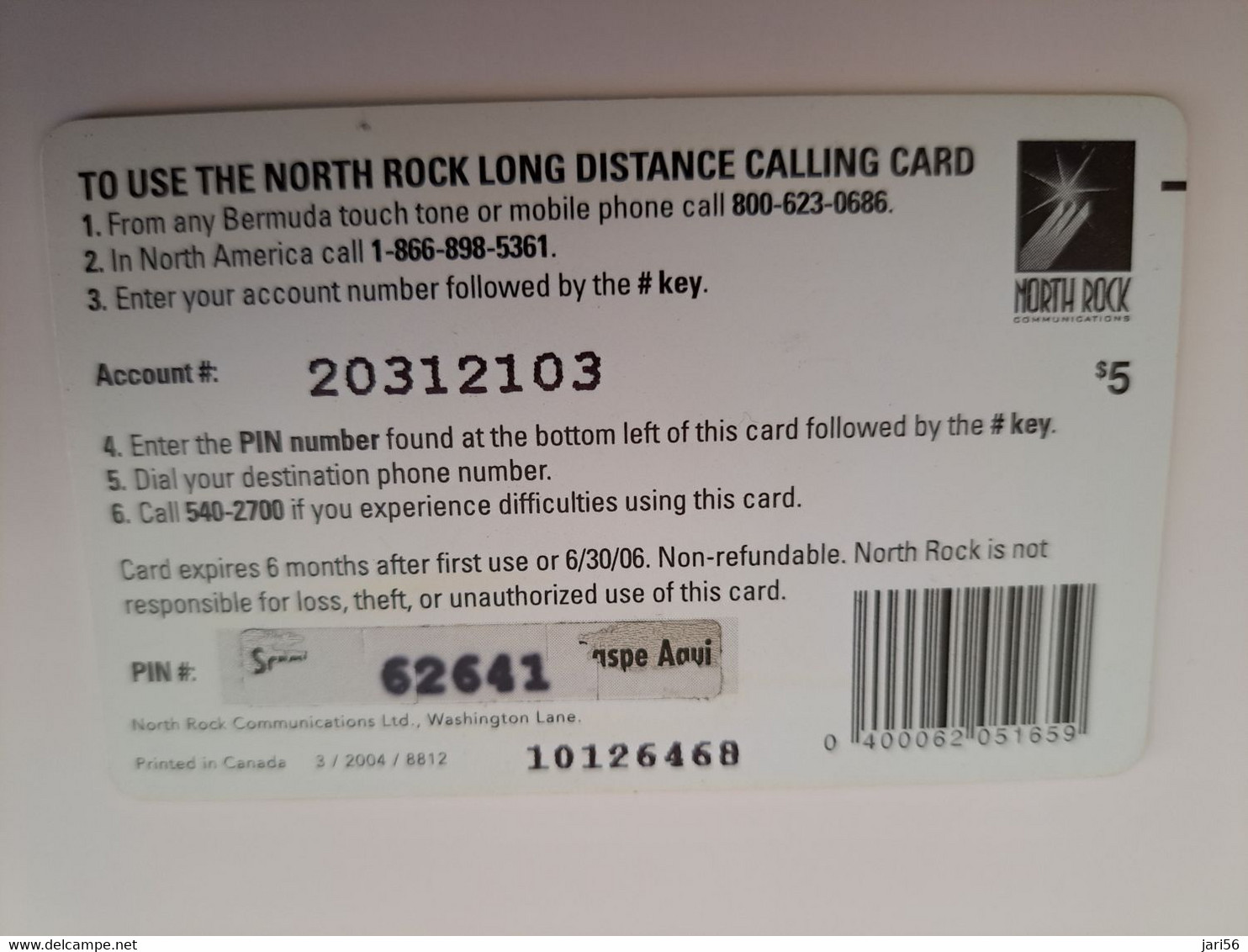 BERMUDA  $5,-,-NORTH ROCK   BERMUDA / SKY SCENE  DIFFERENT BACK/   PREPAID CARD  Fine USED  **11268** - Bermudes