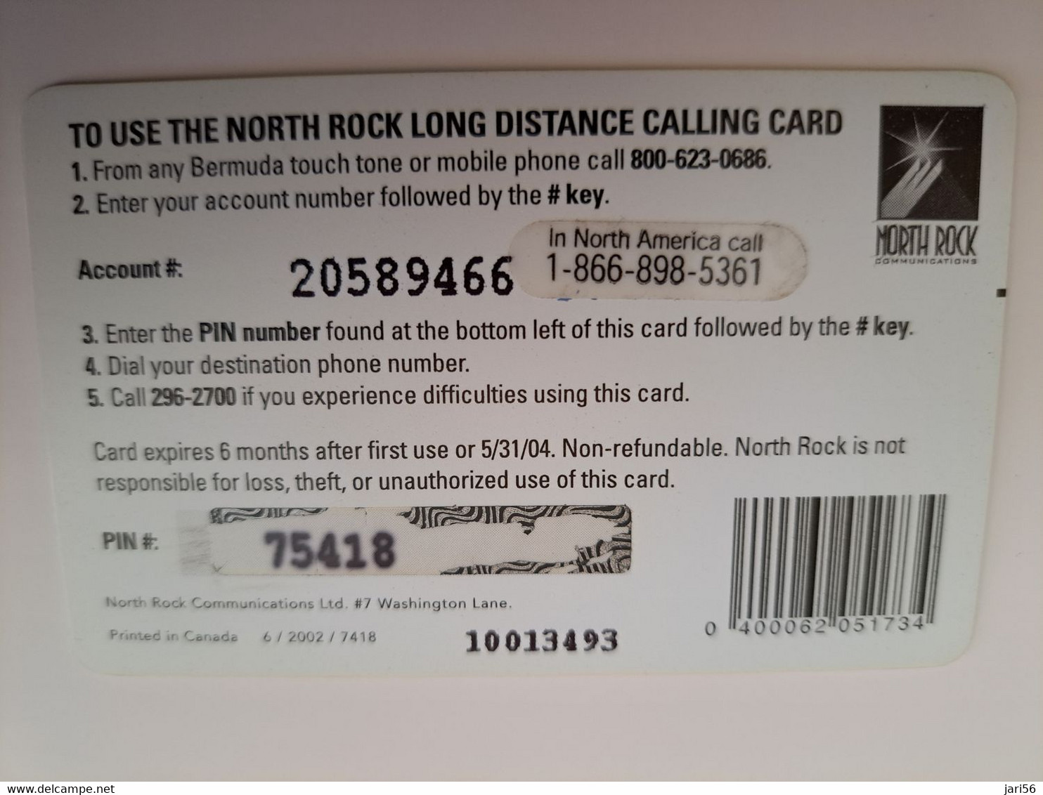 BERMUDA  $10,-,-NORTH ROCK   BERMUDA / PARASOL ON BEACH /  DIFFERENT BACK/   PREPAID CARD  Fine USED  **11269** - Bermudes