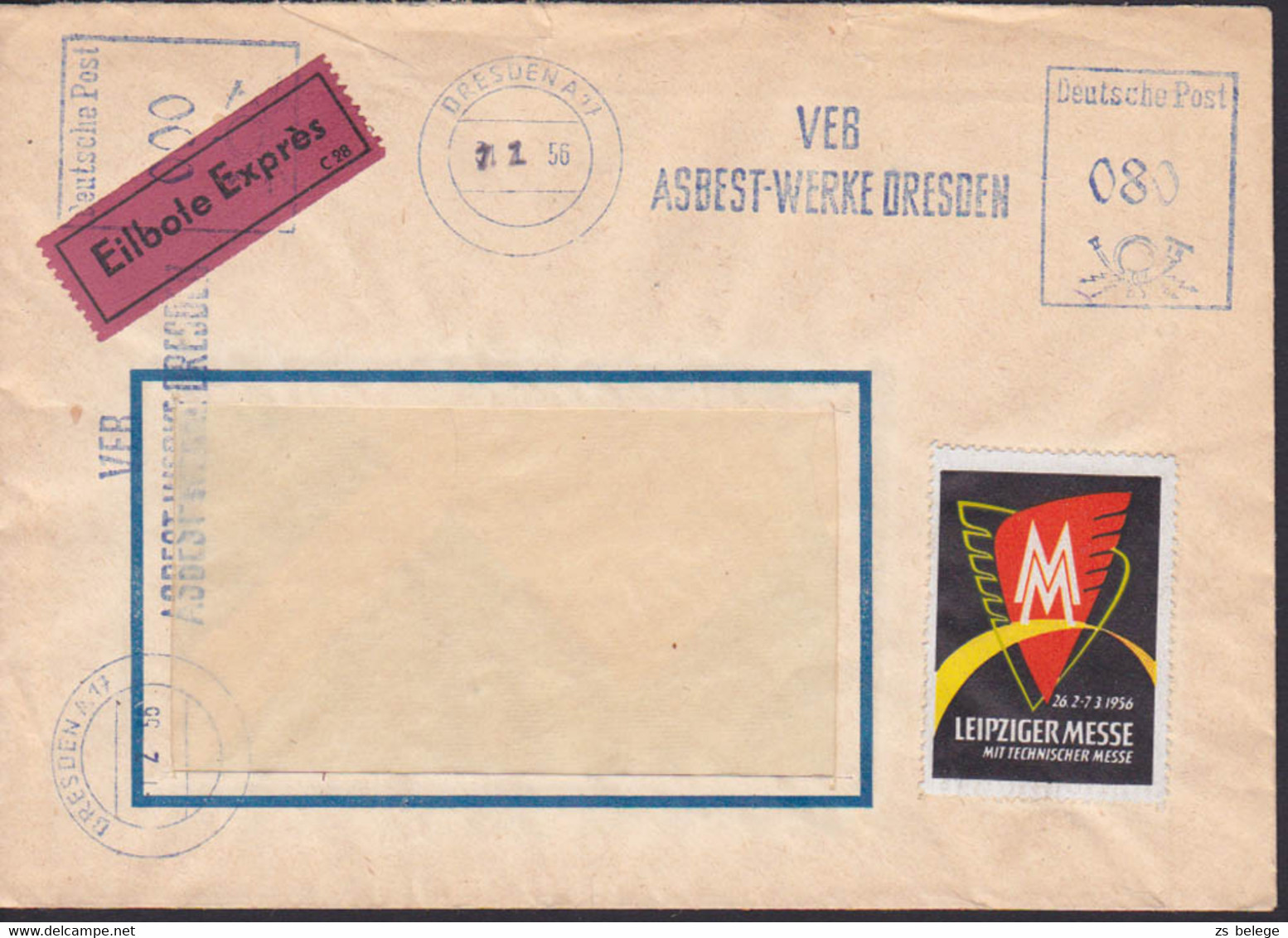 Dresden Vignette "Leipziger Messe" Eil-Brief Mit AFS =000= Und =080= Asbest-Werke Datumskorrektur - Cartas & Documentos
