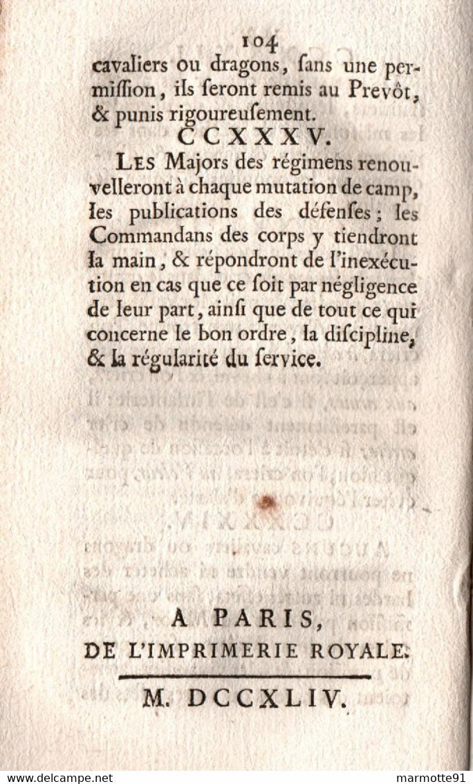 REGLEMENT PROVISIONNEL POUR LE SERVICE DE LA CAVALERIE EN CAMPAGNE 1744  IMPRIMERIE ROYALE - Français