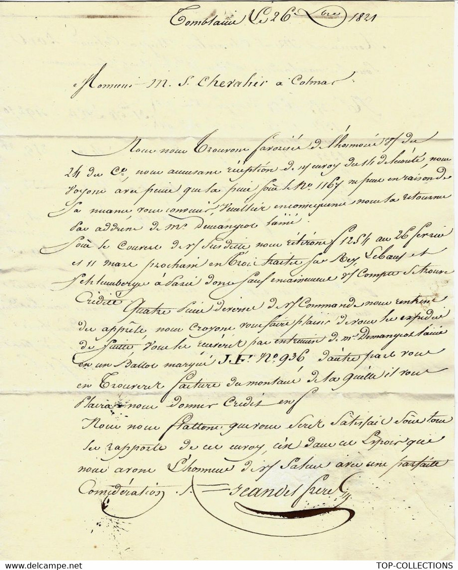 ECHANTILLON 1821 DE Tomblaine  Marque Postale 52 NANCY Jeandet Frères Marchands Laine   Draps  Chevalier à  Colmar - 1800 – 1899