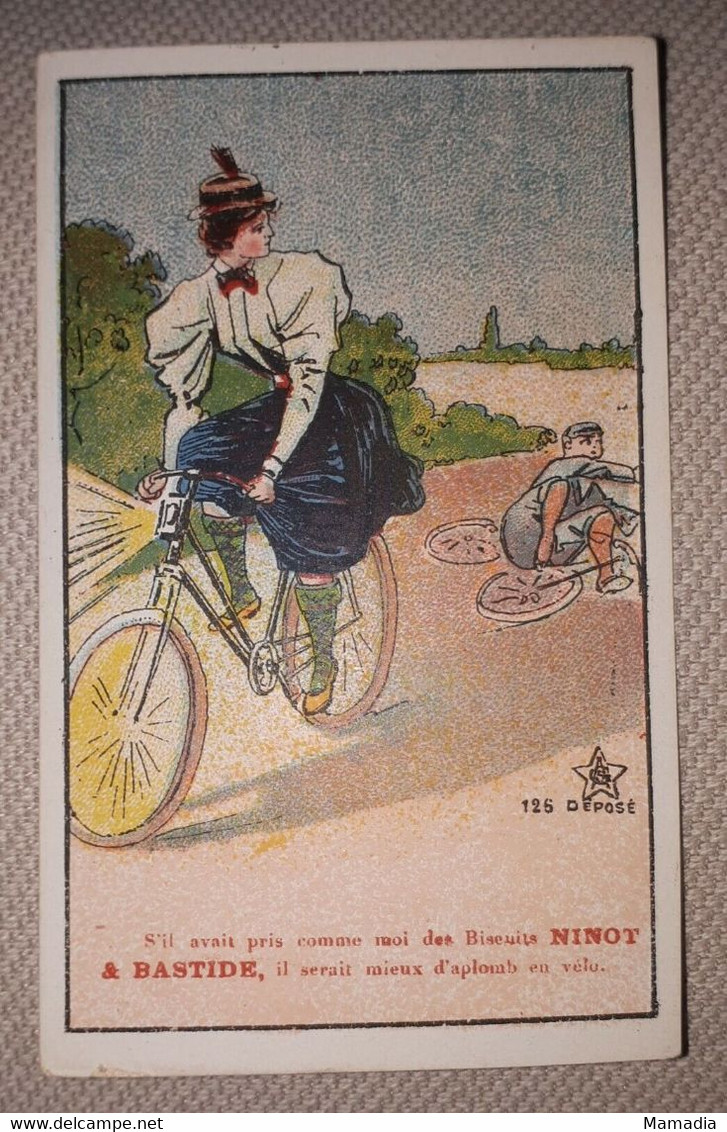 CHROMO CARTE PUB BISCUITS NINOT ET BASTIDE LYON VELO CYCLES 1890-1910 - Other & Unclassified