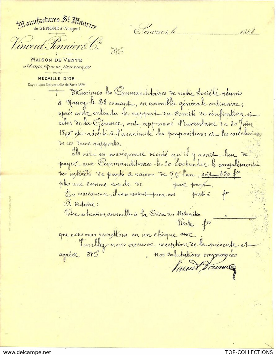 Famille Seillière 1888 ENTETE MANUFACTURE ST MAURICE Senones Vosges Vincent Ponnier LETTRE VOIR HISTORIQUE - 1800 – 1899