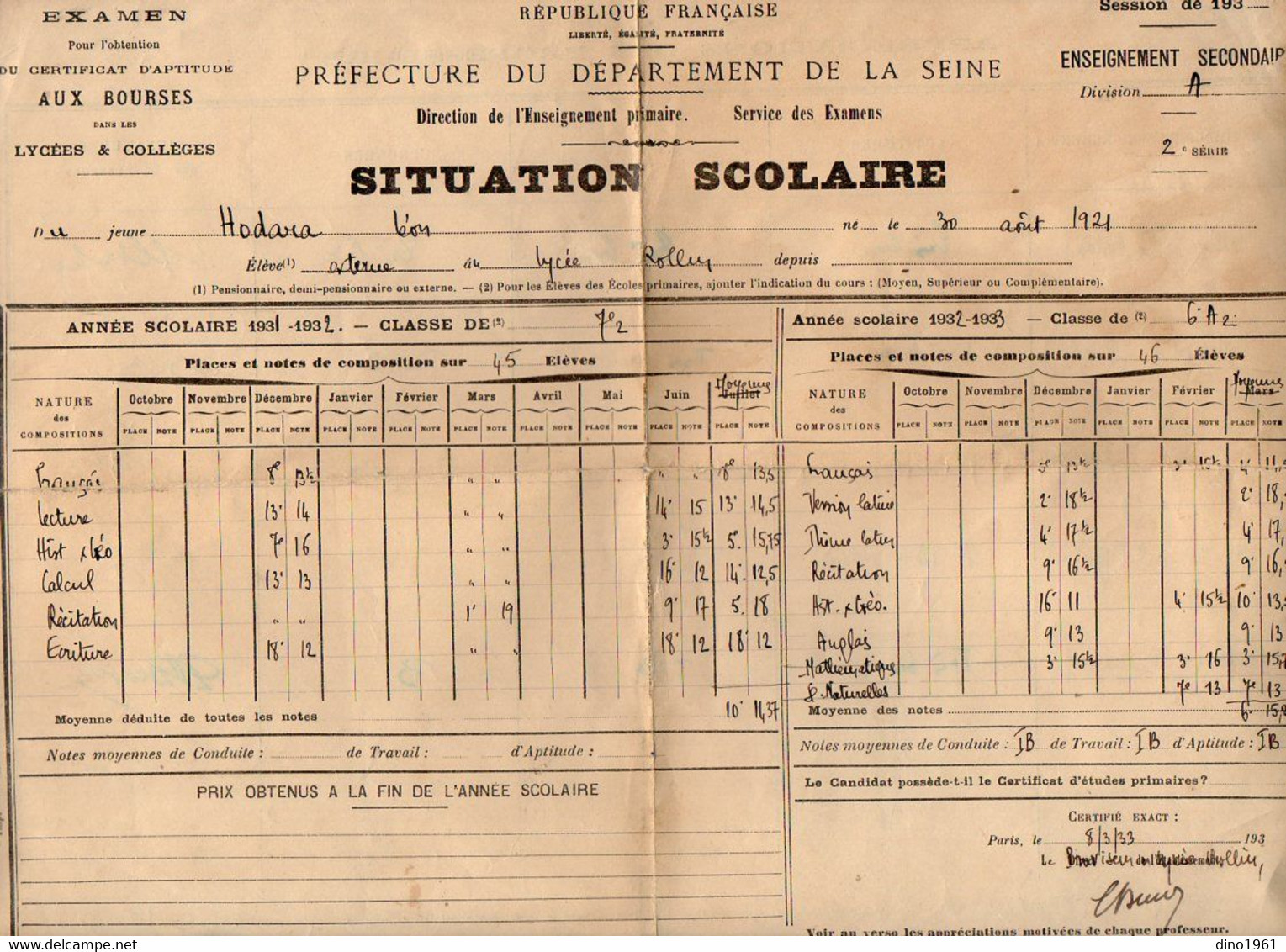 VP20.527 - PARIS 1933 - Situation Scolaire - Elève Léon HODORA Au Lycée Rollin - Diploma's En Schoolrapporten