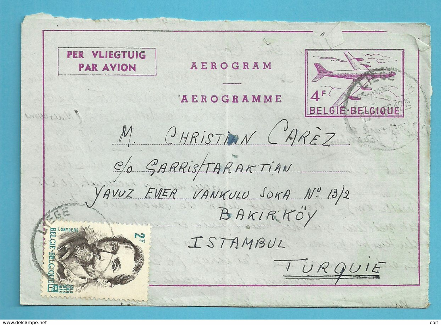 1323 Op AEROGRAMME Stempel LIEGE Naar ISTANBUL / TURQUIE - Aérogrammes