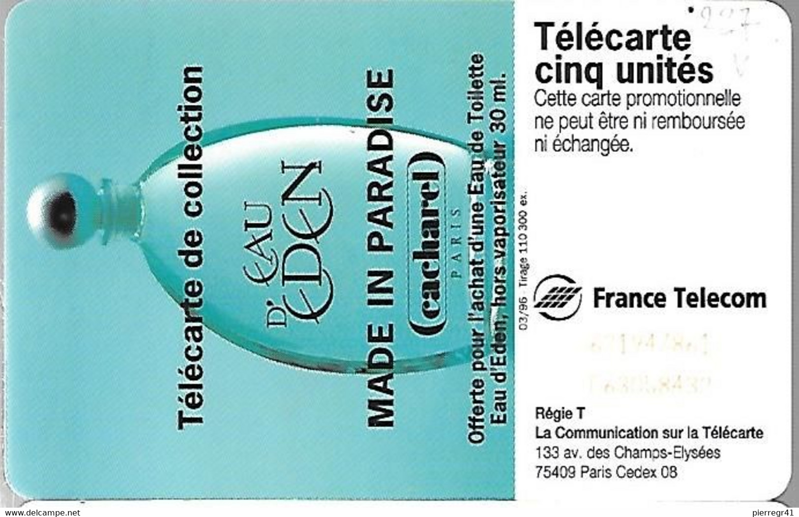 CARTE-PRIVEE-5U-GN 227-03/96-SC7-EAU D EDEN-V° N°Rge C63058432-UTILISEE-TB E- - 5 Unità