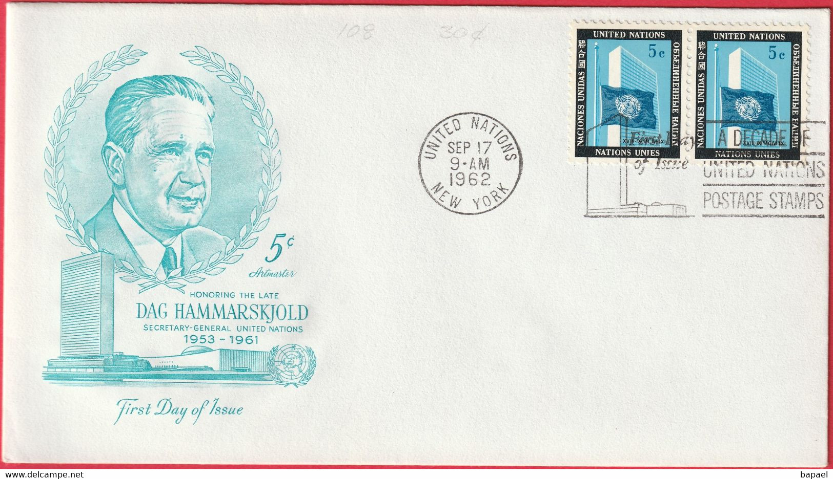 FDC - Enveloppe - Nations Unies - (New-York) (1962) - Dag Hammarskjold (Secretary General) - Covers & Documents