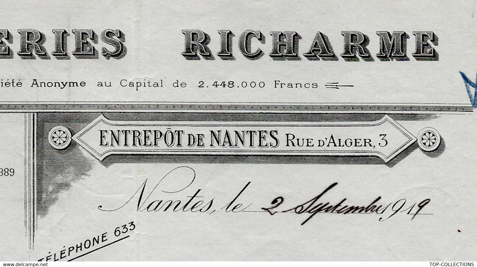 1919 INDUSTRIE "B.S.N. " VERRERIE ENTETE VERRERIES RICHARME Rive De Gier (Loire) De Nantes => Foucault Cognac Charente - 1900 – 1949