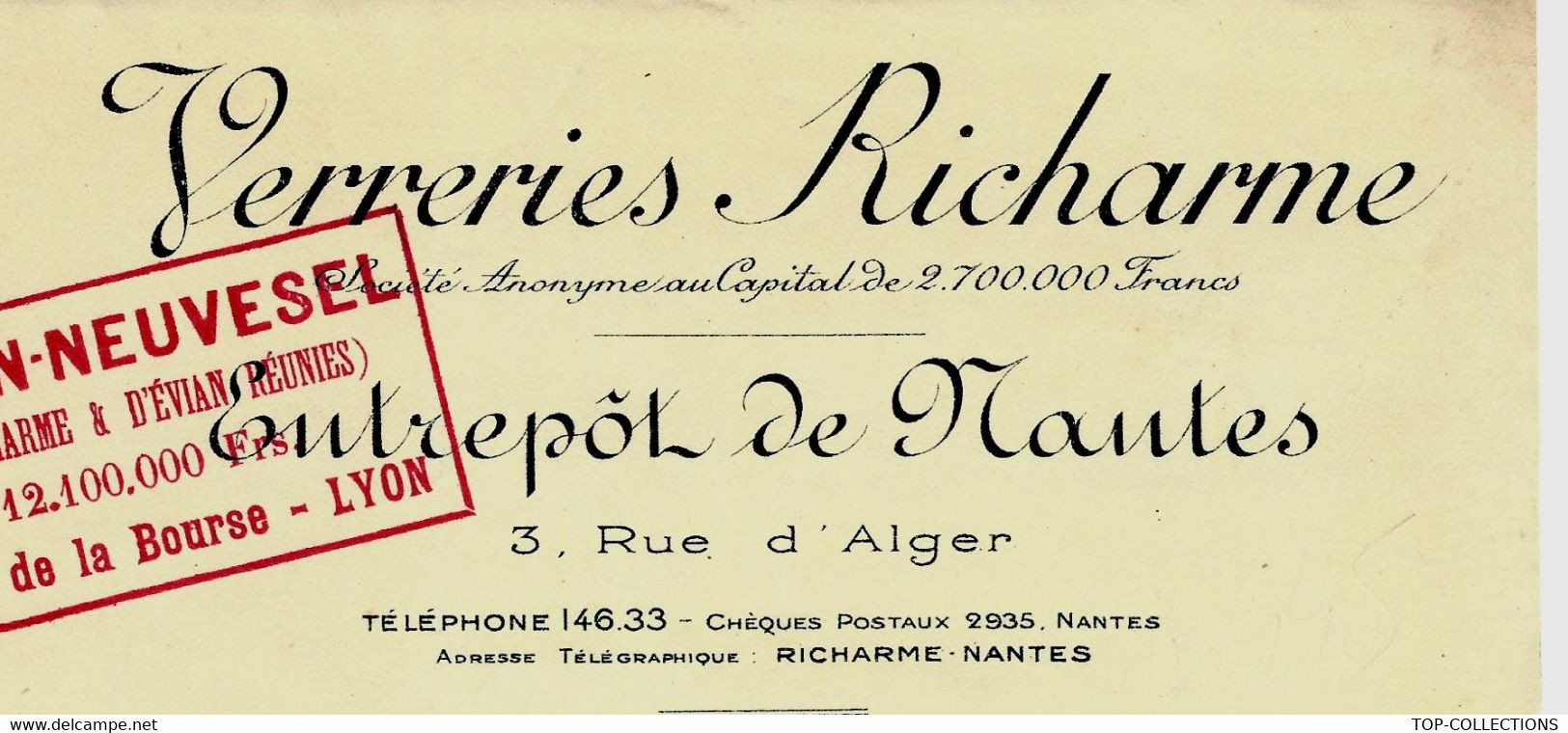1930 INDUSTRIE Groupe B.S.N VERRERIE ENTETE VERRERIES RICHARME Rive De Gier (Loire) De Nantes => Verreries De L’Ouest - 1900 – 1949