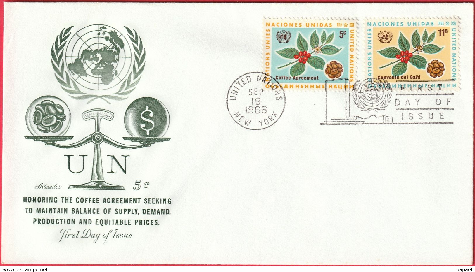 FDC - Enveloppe - Nations Unies - (New-York) (1966) - Coffee Agreement To Maintain Balance Of Supply - Briefe U. Dokumente