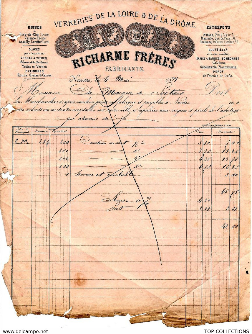 Groupe B.S.N. 1871  INDUSTRIE VERRERIE ENTETE VERRERIES RICHARME Rive De Gier (Loire) De Nantes Pour Poitiers - 1800 – 1899