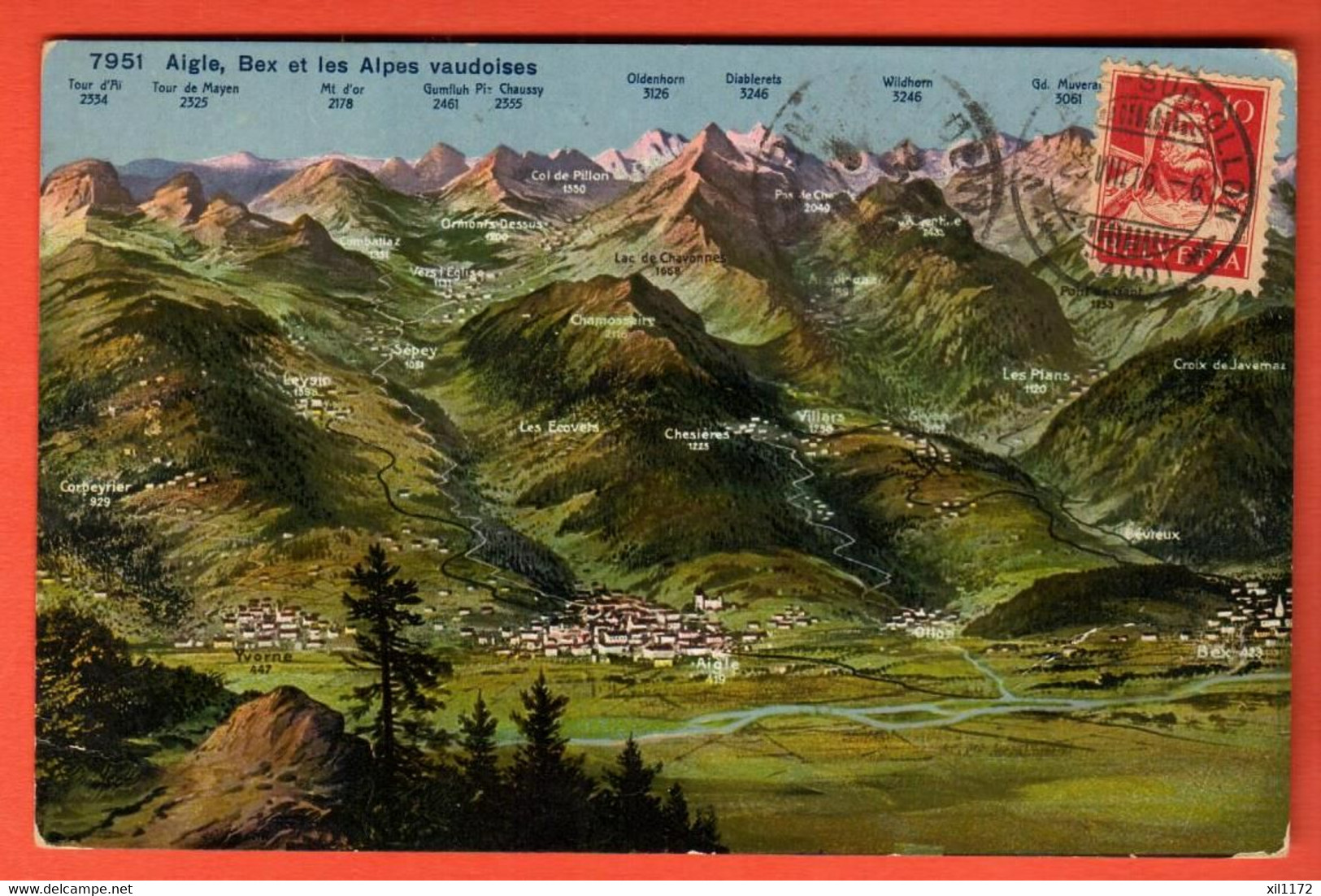 ZUA-06 Panorama Aigle Bex Leysin Sépey Chesières Villars. Cachet Frontal 1916 Vers Saint-Denis France - Aigle