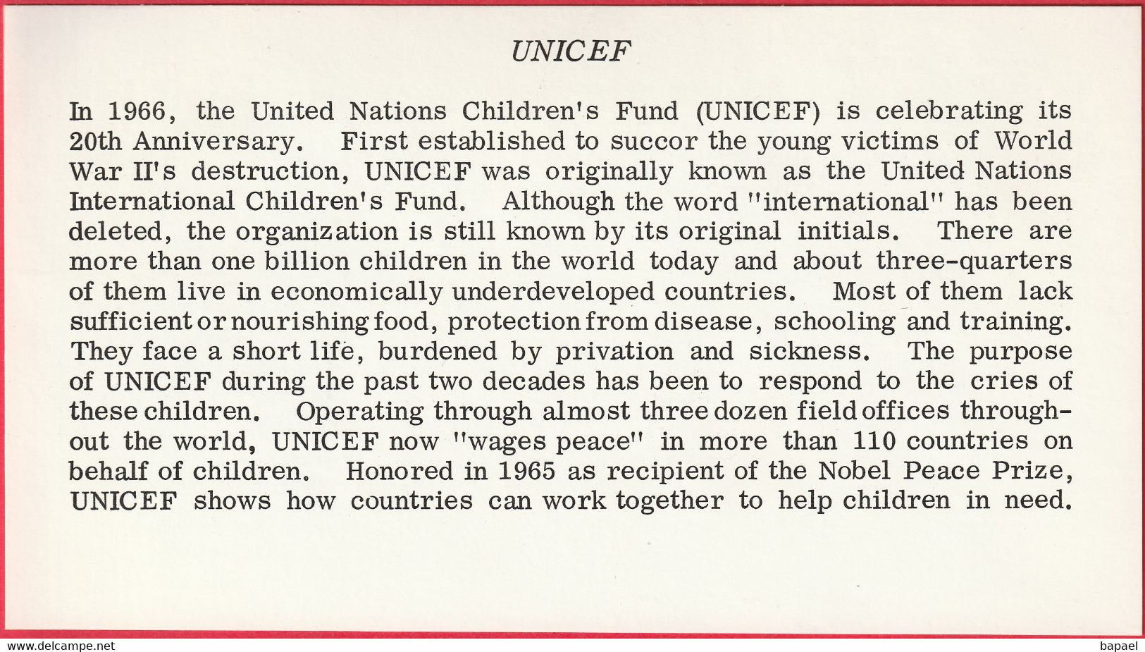 FDC - Enveloppe - Nations Unies - (New-York) (1966) - UNICEF (+ Détail Carte Intérieure) - Lettres & Documents