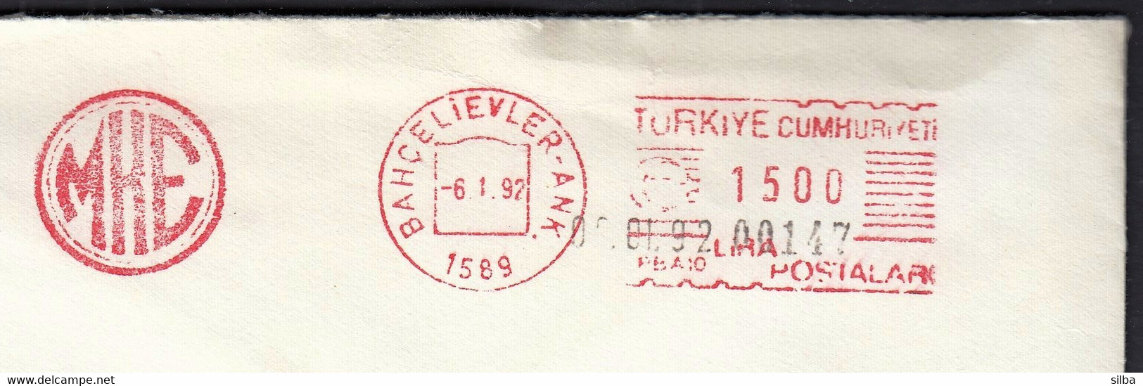 Turkey Ankara 1992 / MKE / Machine Stamp ATM - Brieven En Documenten