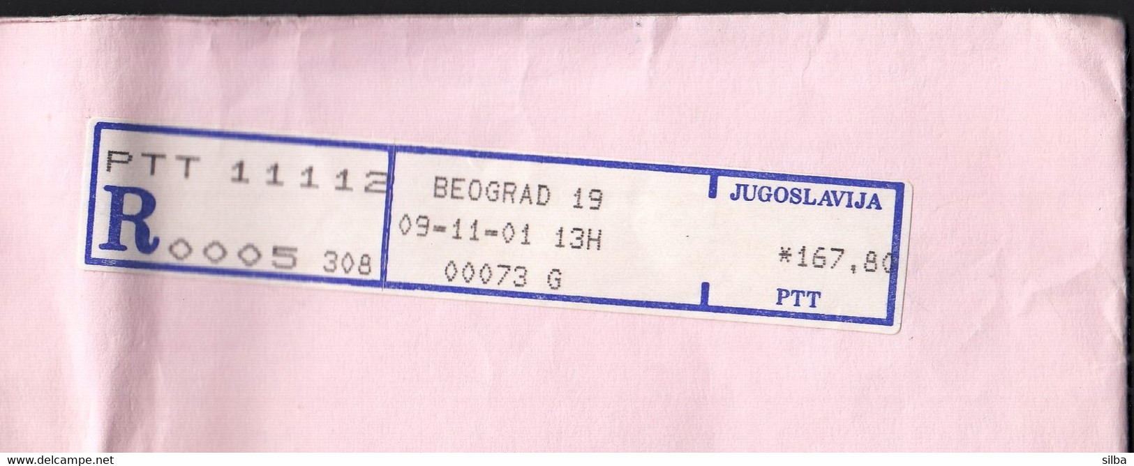 Yugoslavia Serbia 2001 / Post Machine Printed Sticker Stamp, R Label, ATM / Blue / Post Office Belgrade 11112 - Cartas & Documentos