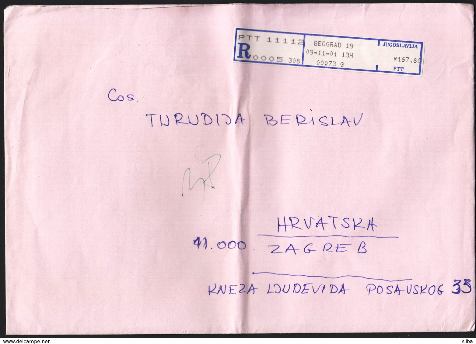 Yugoslavia Serbia 2001 / Post Machine Printed Sticker Stamp, R Label, ATM / Blue / Post Office Belgrade 11112 - Covers & Documents