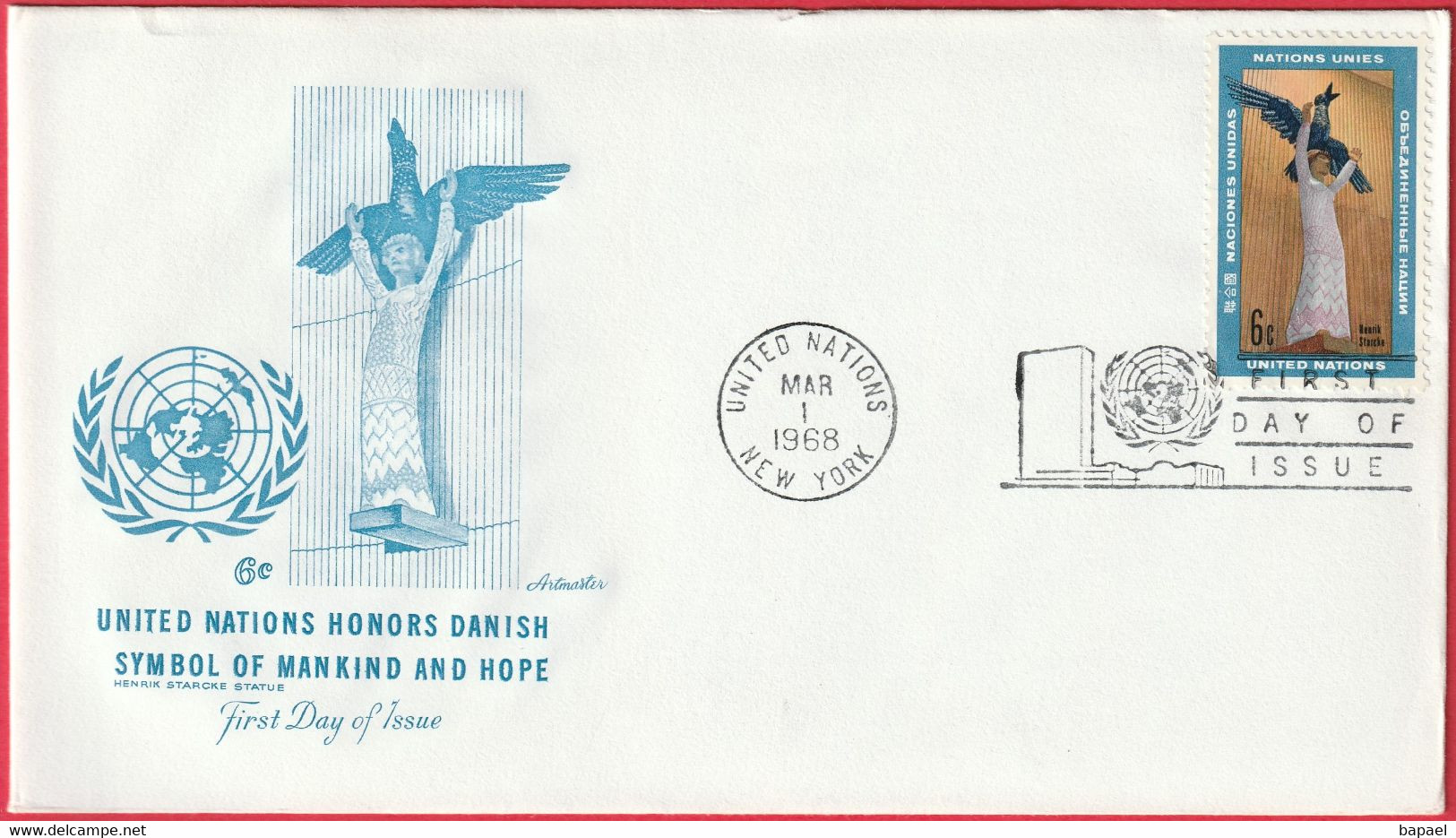 FDC - Enveloppe - Nations Unies - (New-York) (1968) -  Honors Danish Symbol Of Mankind And Hope (1) - Lettres & Documents