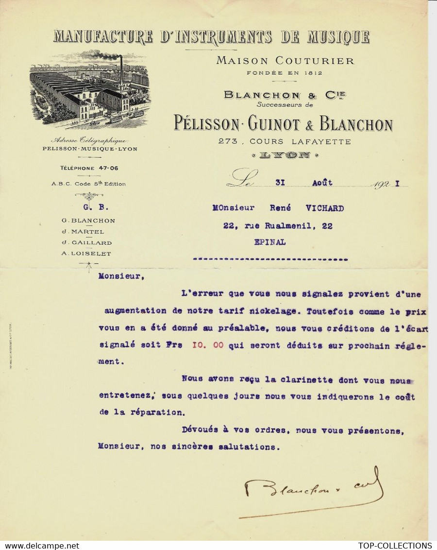 1921 MANUFACTURE INSTRUMENTS DE MUSIQUE MAISON COUTURIER Lyon BLANCHON SUCC. De PELISSON GUILLOT ET BLANCHON VOIR SCANS - 1900 – 1949