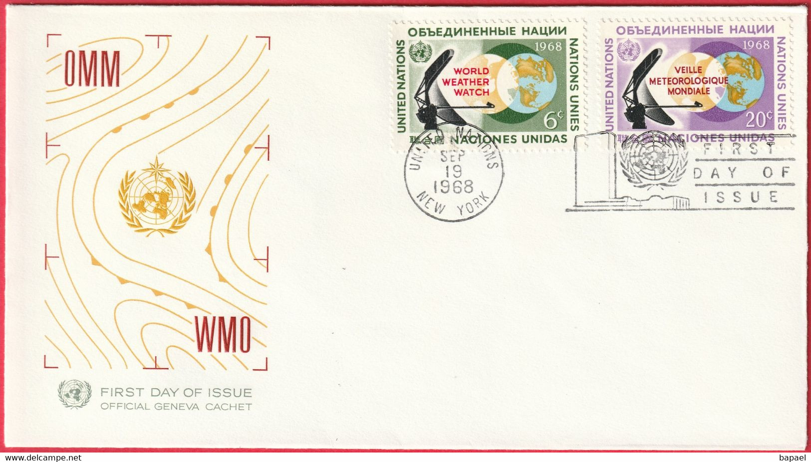 FDC - Enveloppe - Nations Unies - (New-York) (1968) - Veille Météorologique Mondiale - Brieven En Documenten