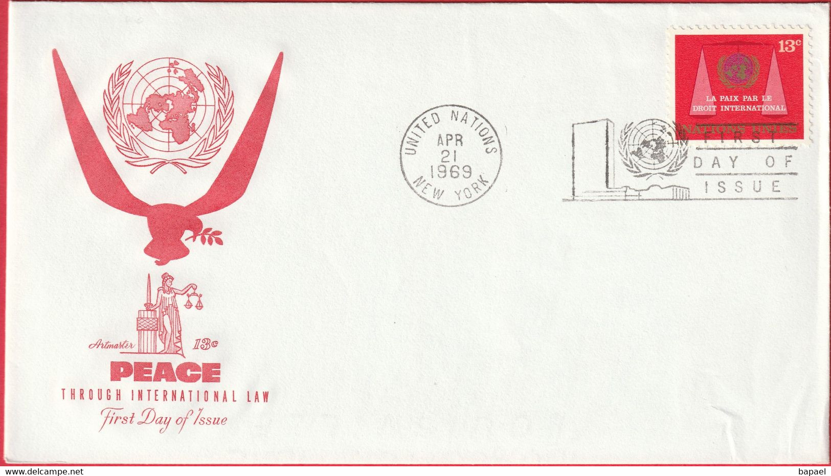 FDC - Enveloppe - Nations Unies - (New-York) (1969) - Peace Through International Law (1) - Briefe U. Dokumente