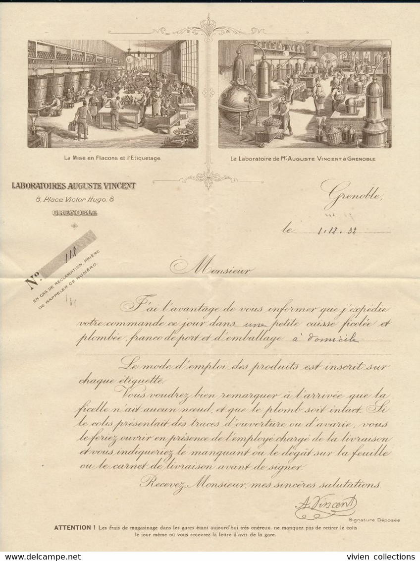 Grenoble (38) Enveloppe 1932 Bordereau D'expédition Et Tarif (le Tout En Très Bon état) Laboratoires Auguste Vincent - Droguerie & Parfumerie