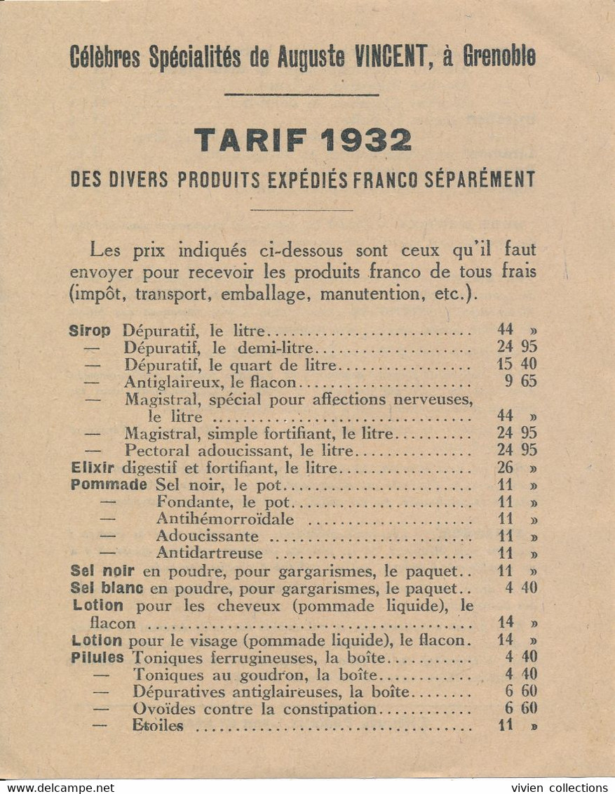 Grenoble (38) Enveloppe 1932 Bordereau D'expédition Et Tarif (le Tout En Très Bon état) Laboratoires Auguste Vincent - Droguerie & Parfumerie