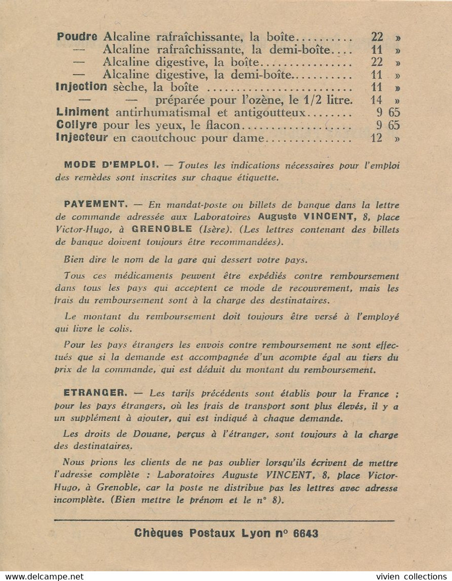 Grenoble (38) Enveloppe 1932 Bordereau D'expédition Et Tarif (le Tout En Très Bon état) Laboratoires Auguste Vincent - Droguerie & Parfumerie