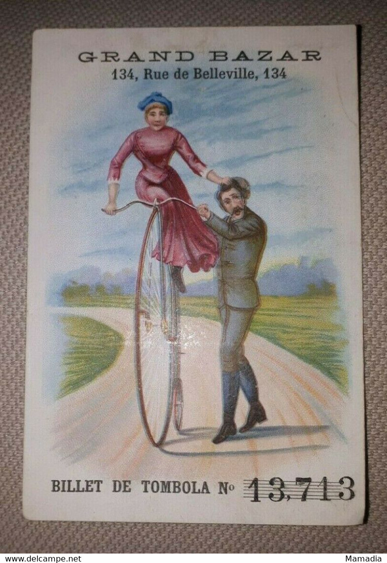 CHROMO TOMBOLA VELO MAGASIN GRAND BAZAR PARIS BELLEVILLE CYCLE CYCLISME 1880-90 - Autres & Non Classés
