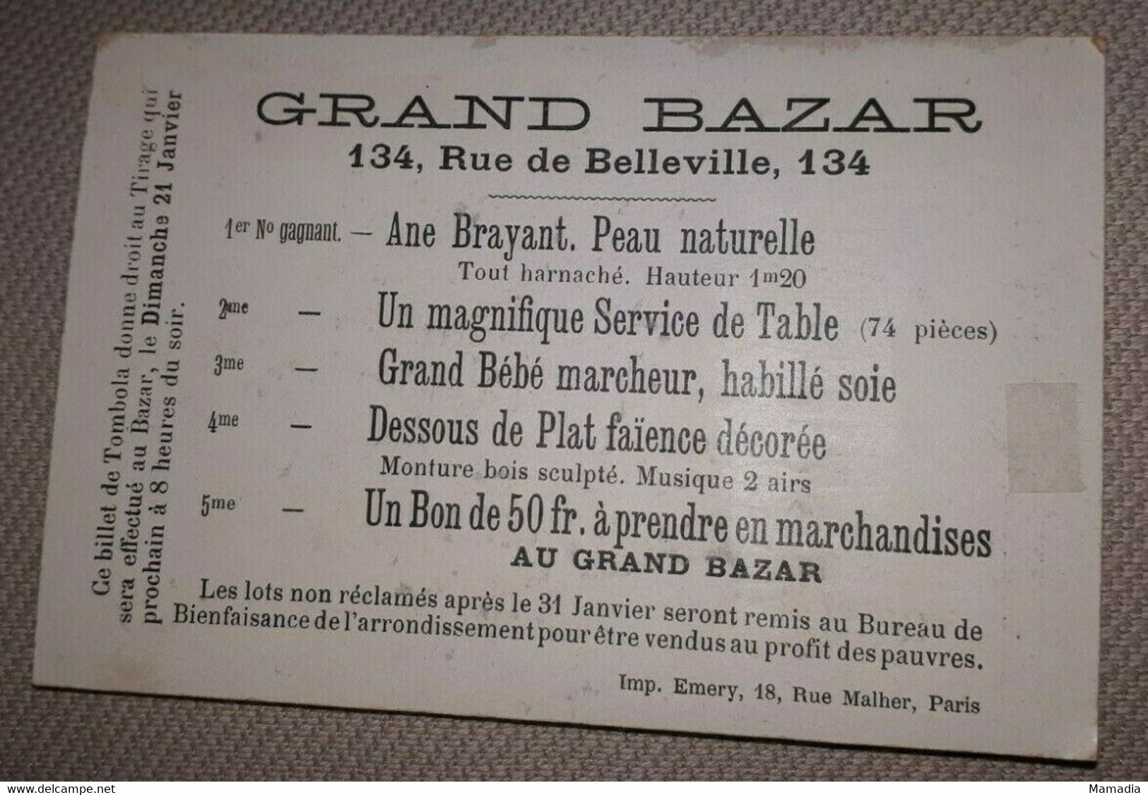 CHROMO TOMBOLA VELO MAGASIN GRAND BAZAR PARIS BELLEVILLE CYCLE CYCLISME 1880-90 - Andere & Zonder Classificatie