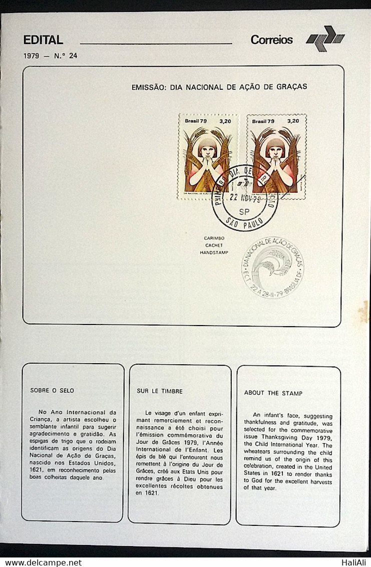 Brochure Brazil Edital 1979 24 Day Of Thanksgiving With Stamp CPD SP - Cartas & Documentos