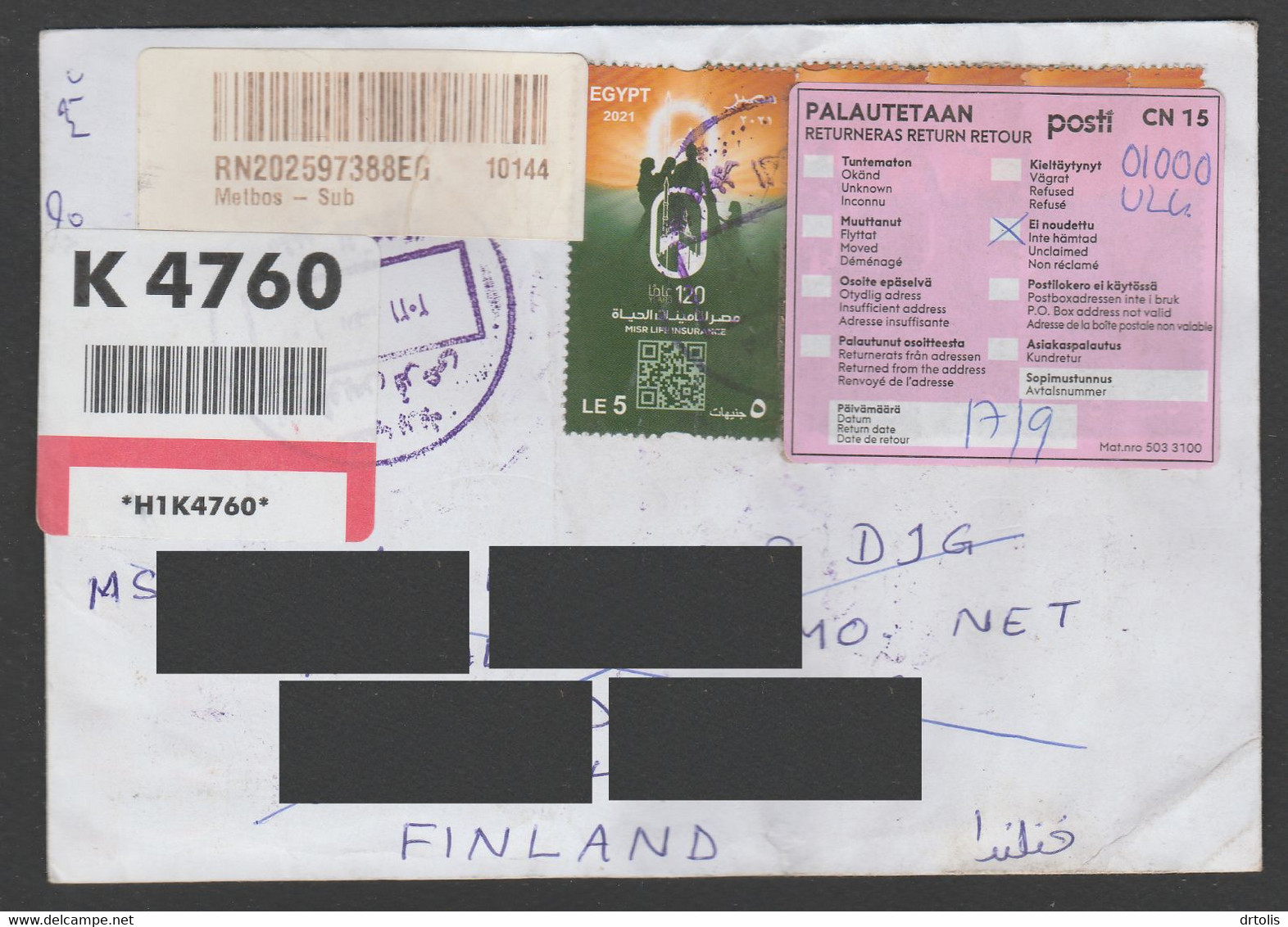 EGYPT / FINLAND / UNCLAIMED LETTER REDIRECTED BACK TO THE SENDER - Lettres & Documents