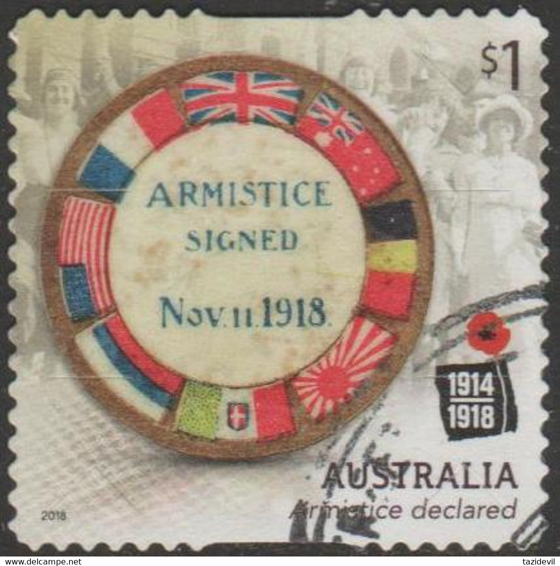 AUSTRALIA - DIE-CUT-USED 2018 $1.00 Centenary Of WWI 1918: Armistice Declared - Flags - Used Stamps