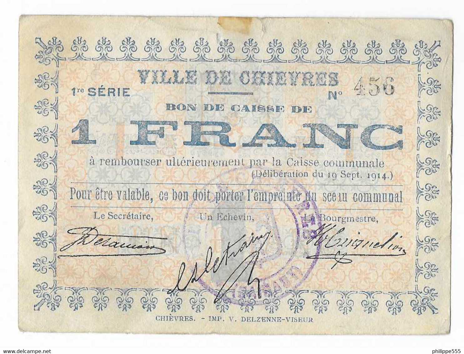 Noodgeld Chievres 1 Frank 19 September 1914 - Serie 1 - 1-2 Francs