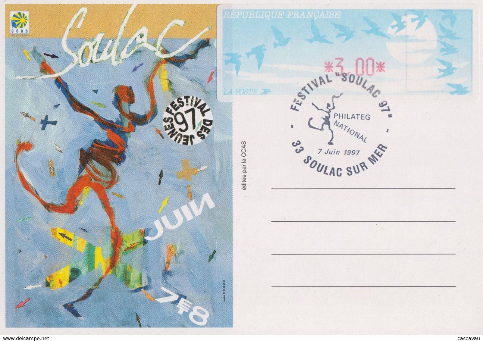 Carte  Maximum  Vignette  LISA   FRANCE   Festival  Des   Jeunes   SOULAC  SUR  MER   1997 - 1990 Type « Oiseaux De Jubert »
