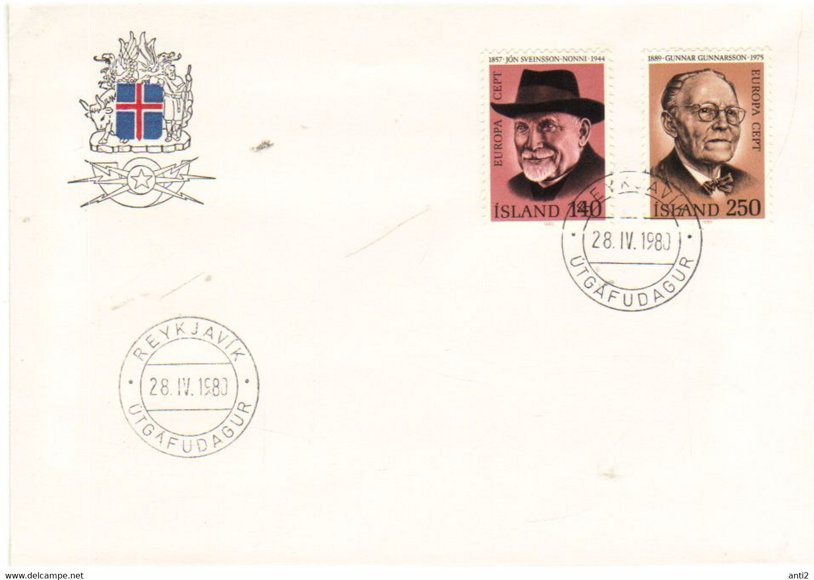 Iceland Island 1980 Europe: Important Personalities, Authors  Jón Sveinsson And Gunnar Gunnarsson MI 552-553 FDC - Brieven En Documenten