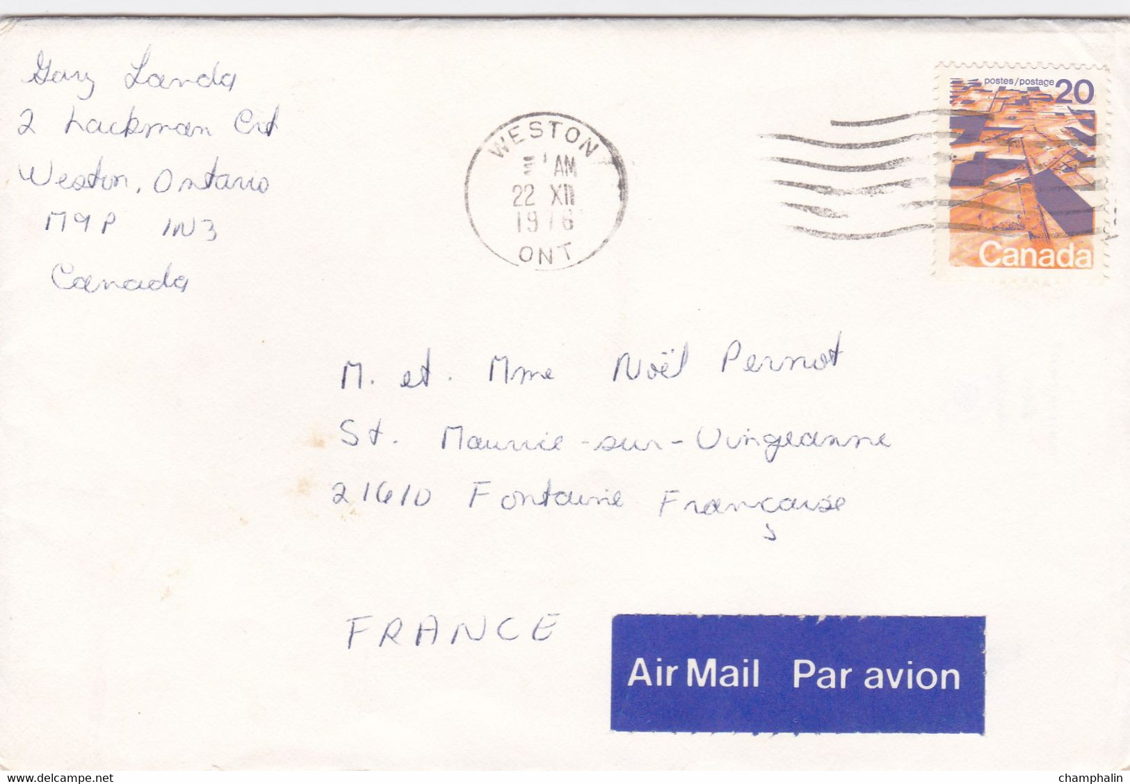 Canada - LAC De Weston Pour Saint-Maurice-sur-Vingeanne (21) - 22 Décembre 1976 - Timbre 20c Sc 596 - 1 CAD - Covers & Documents