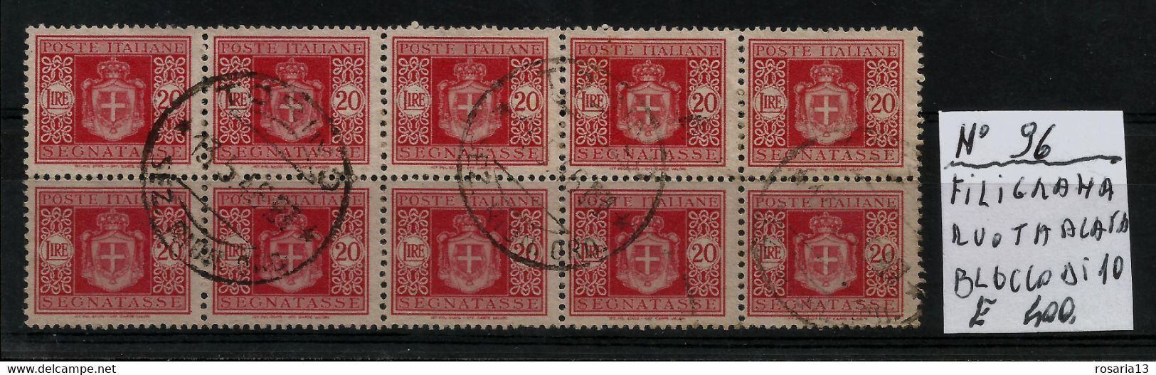 LUOGOTENENZA, SEGNATASSE   N° 96, BLOCCO DA 10, CAT. SASSONE,  EURO 400,00-- - Postage Due