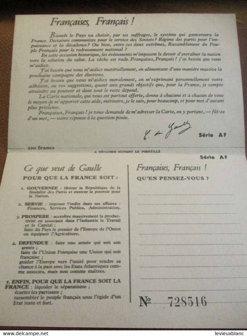 De GAULLE/ La France/ Hier, Aujourd'hui, Demain/ RPF /Campagne électorale Législatives / /Carte Nationale/1951     OL137 - 1939-45