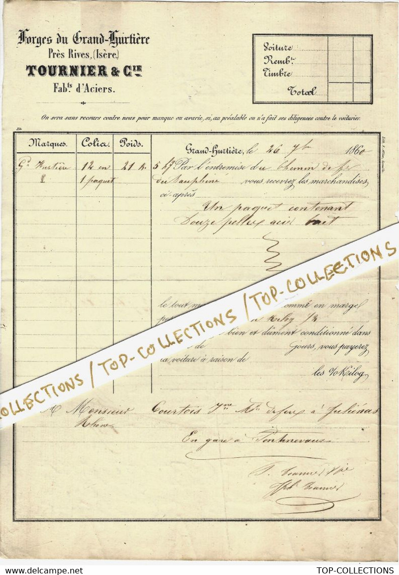 1860 FORGES DU GRAND HURTIERE Près Rives Isère Tournier Lettre De Voiture Transport Roulage V.HISTORIQUE - 1800 – 1899