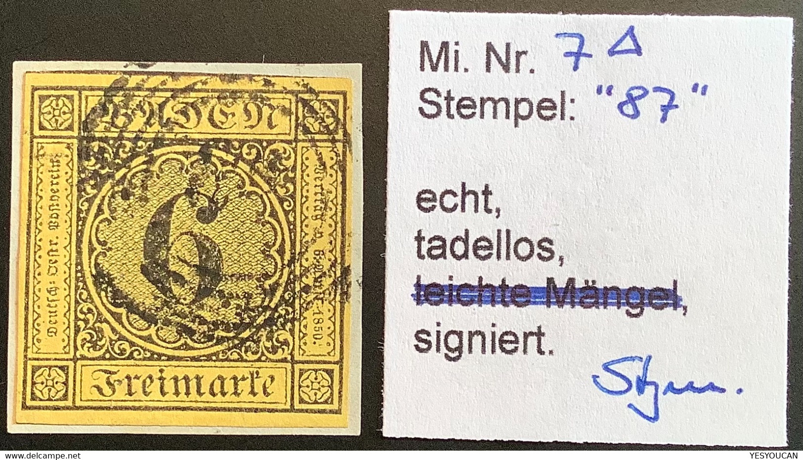 Mi 7 BREITRANDIG ! & TADELLOS  Geprüft Stegmüller BPP 1853 6 Kr Gelb Gestempelt 87 MANNHEIM Briefstück  (Bade XF Baden - Afgestempeld