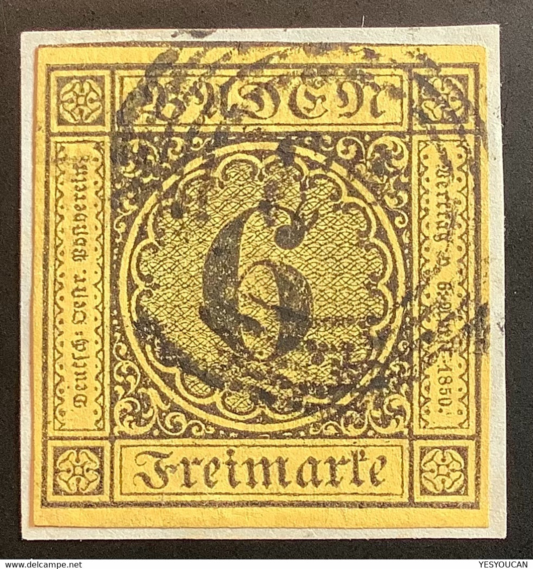 Mi 7 BREITRANDIG ! & TADELLOS  Geprüft Stegmüller BPP 1853 6 Kr Gelb Gestempelt 87 MANNHEIM Briefstück  (Bade XF Baden - Oblitérés