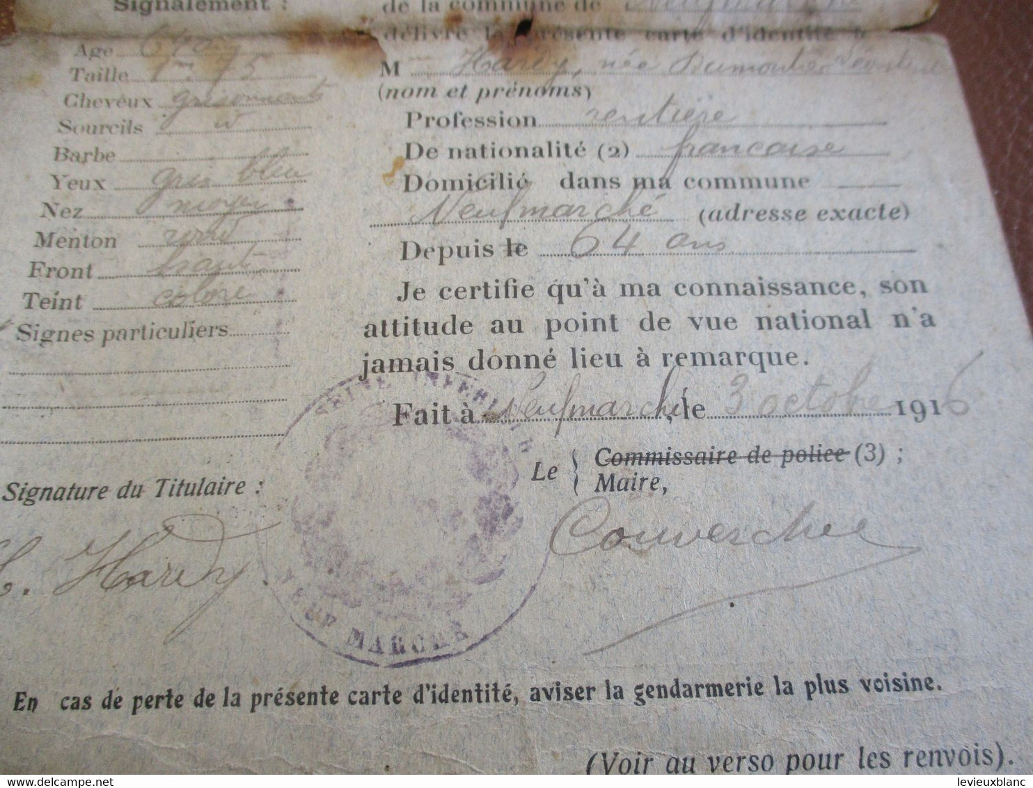 Carte D'Identité/Visas De L'autorité Militaire /Neufmarché/Gournay/Seine Inférieure/Hardy Née Dumontier/1916  OL139 - 1914-18