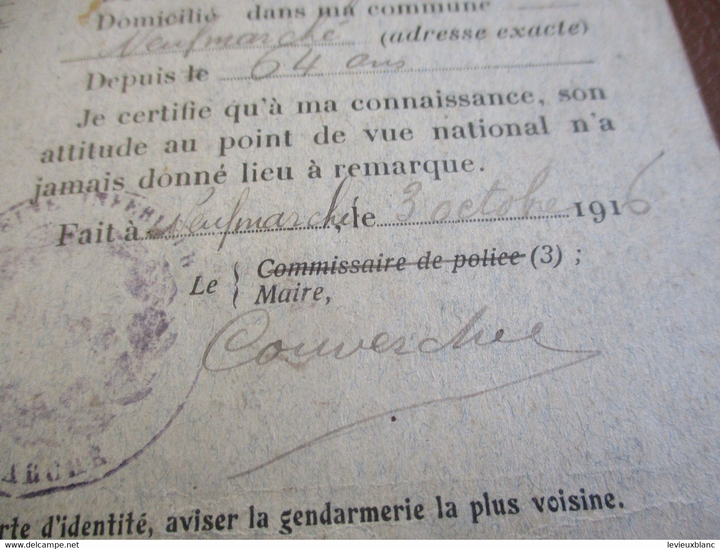 Carte d'Identité/Visas de l'autorité Militaire /Neufmarché/Gournay/Seine Inférieure/Hardy née Dumontier/1916  OL139