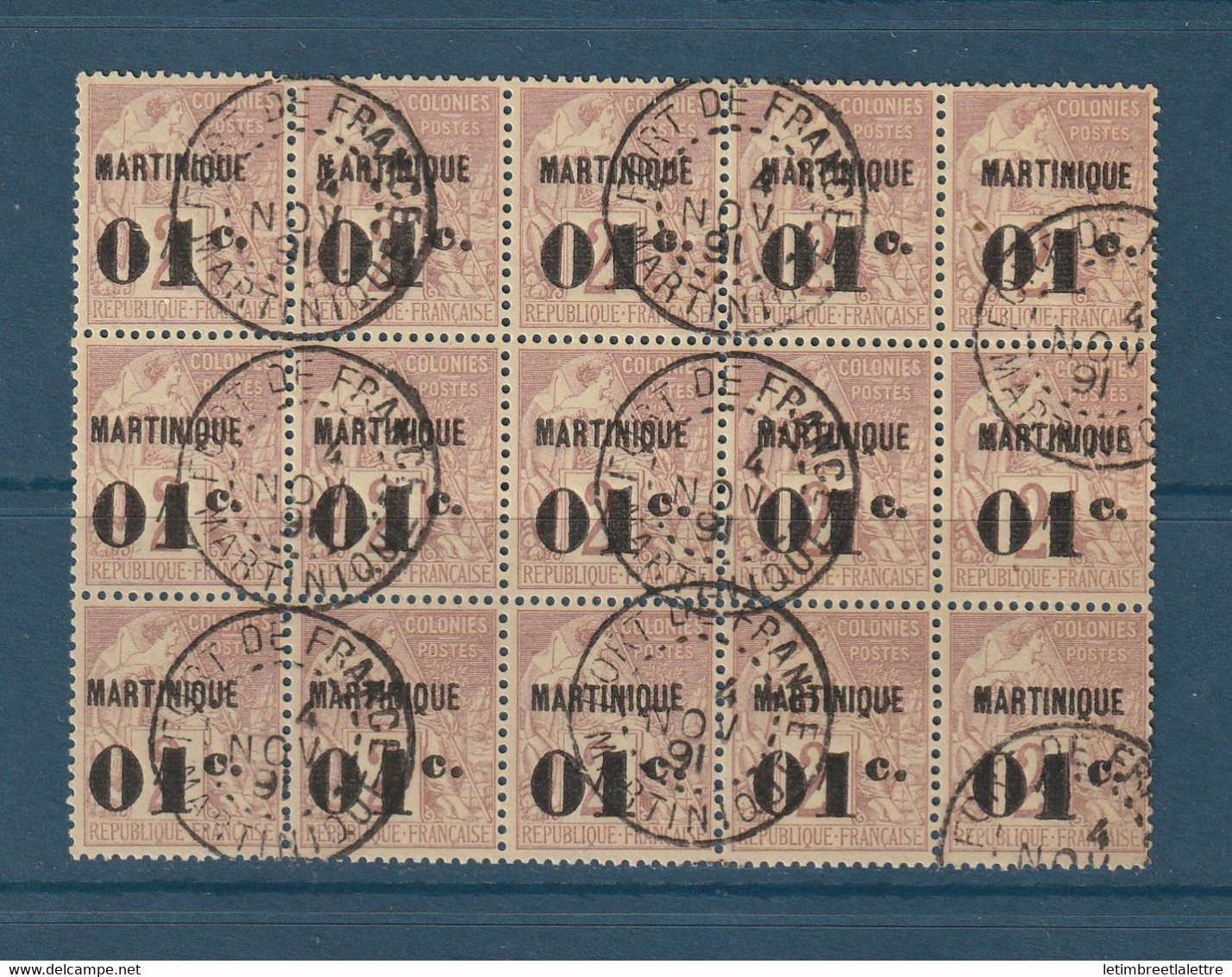 ⭐ Martinique - YT N° 7 - Oblitéré - Bloc De 15 Timbres - 1888 / 1891 ⭐ - Usati