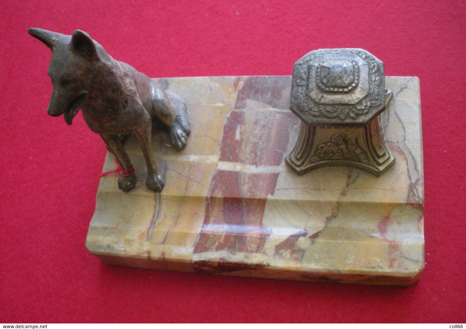 Magnifique Encrier Art Déco Berger Allemand Ou Malinois En Régule Sur Socle Marbre Encrier Avec Son Réservoir - Inkwells